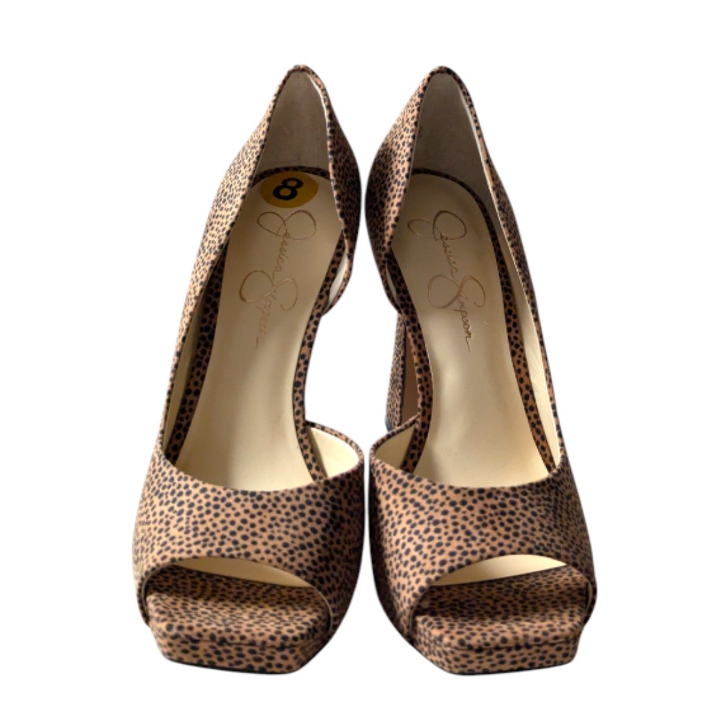 Jessica Simpson Womens Tan/Black Animal Print Peep Toe High Heels Size 8 Nwob